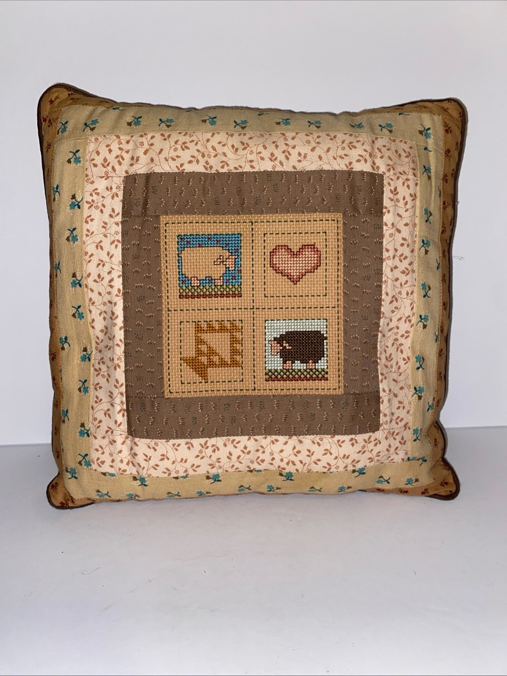 Handmade Brown & Cream Patchwork Farmhouse Pillow